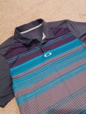 Oakley Striped Performance Golf Polo in Teal & Charcoal Mens Size L